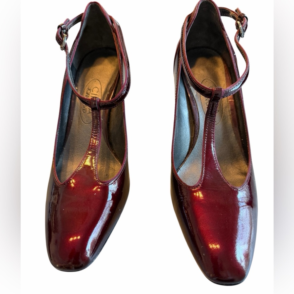 CIRCA JOAN & DAVID PATENT LEATHER T Strap BURGUNDY 3” Heel  7.5 Shoes